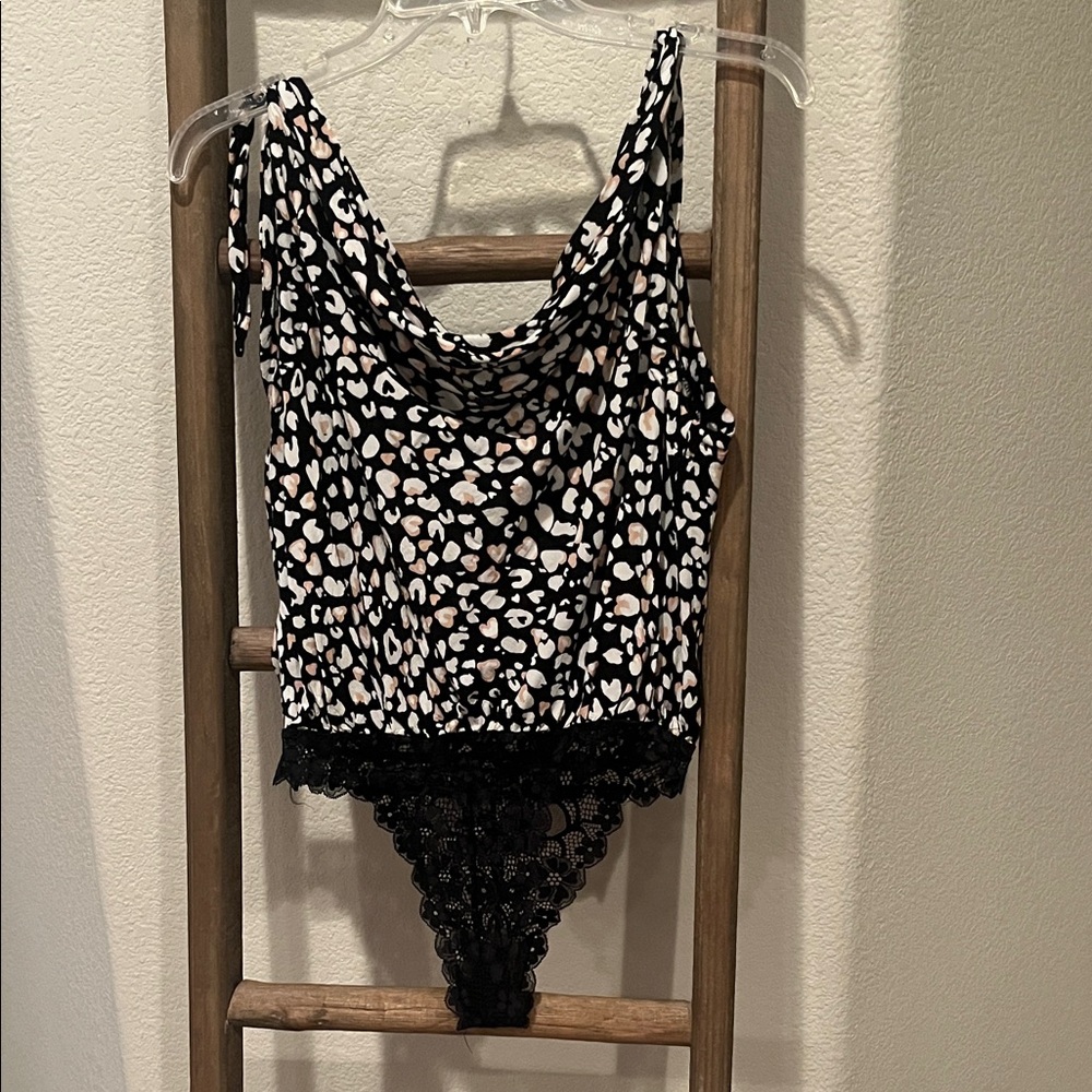 Free People Black and White Leopard Print Bodysuit